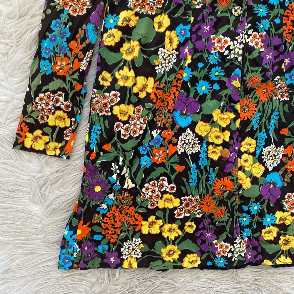 Vintage 70s Retro Dark Floral Button Front Long Sleeve Mini Dress Orange Blue - Picture 4 of 16